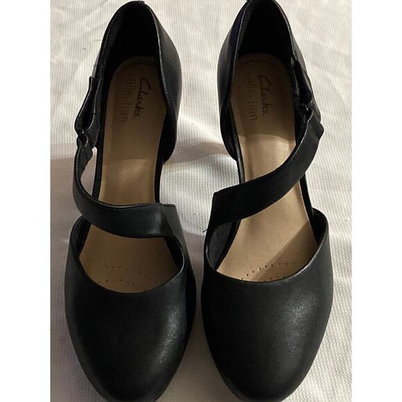 CLARKS AMBRY GLOW WO SIZE 10 BLACK 4” HEELS. HOOK LOOP ANKLE STRAP CLASY SHOES - Picture 1 of 11